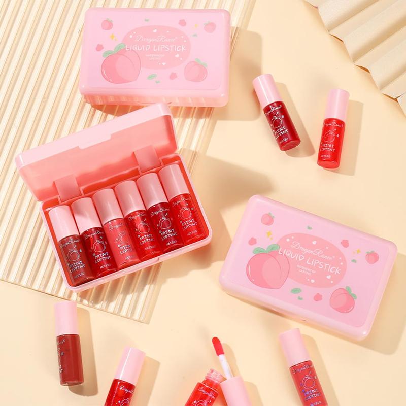 6 Colors Peach Lip Tint Stain Set, Korean Lip Tint Lip Stain Lip Gloss Mini Liquid Lipstick Set, Multi-Use Lip and Cheek Tint, Long Lasting, Waterproof, High Pigment, Vivid Color, Lip Tint Makeup