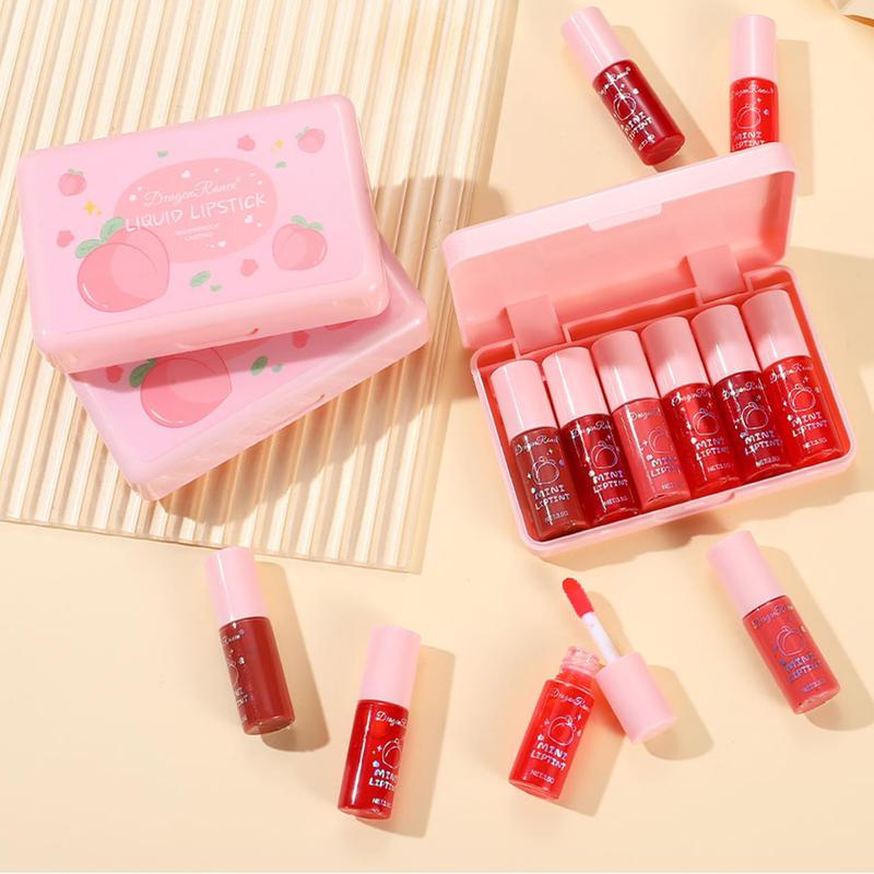 6 Colors Peach Lip Tint Stain Set, Korean Lip Tint Lip Stain Lip Gloss Mini Liquid Lipstick Set, Multi-Use Lip and Cheek Tint, Long Lasting, Waterproof, High Pigment, Vivid Color, Lip Tint Makeup