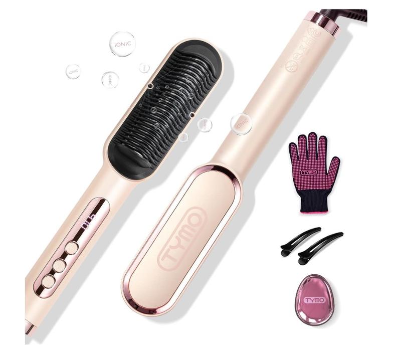 TYMO Ring Plus Ionic Hair Straightener Brush - Straightening Comb with Negative Ions for Women, Titanium Coating, 9 Temp Settings & LED Display, Dual Voltage, Professional Styling Tools, Gold Blush