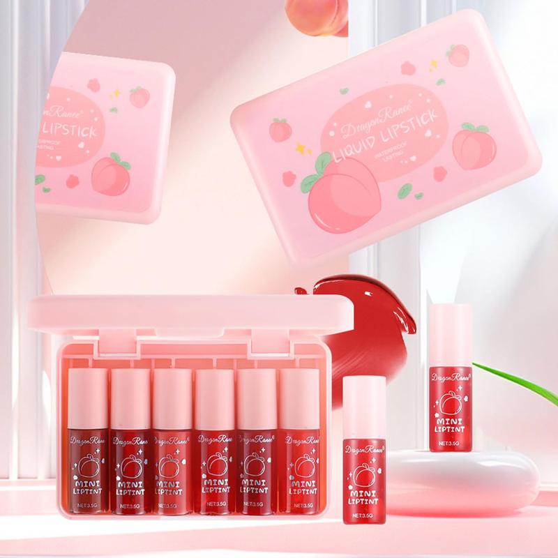 6 Colors Peach Lip Tint Stain Set, Korean Lip Tint Lip Stain Lip Gloss Mini Liquid Lipstick Set, Multi-Use Lip and Cheek Tint, Long Lasting, Waterproof, High Pigment, Vivid Color, Lip Tint Makeup