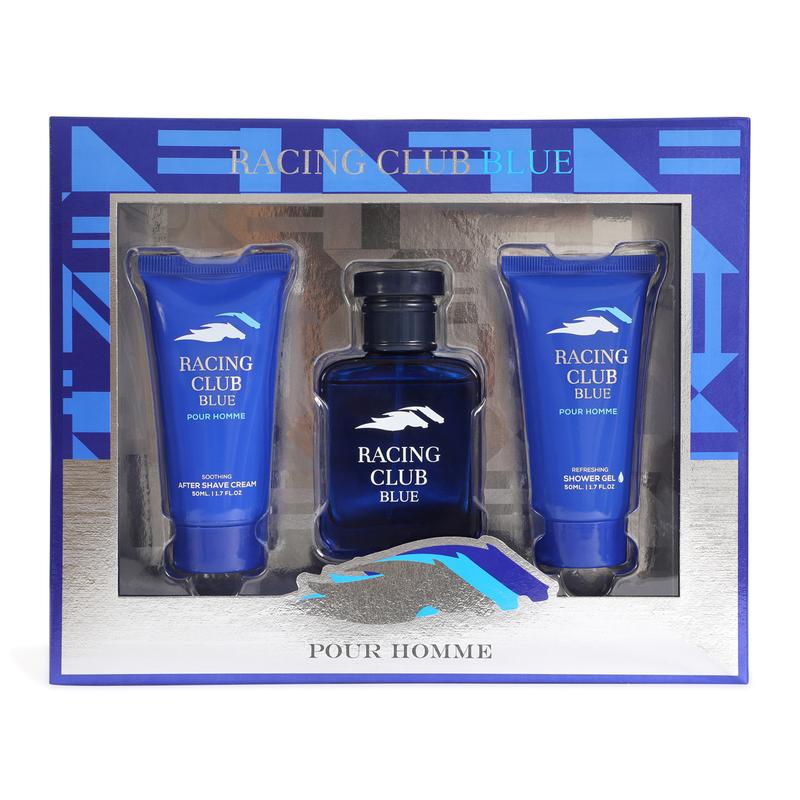 Racing Club Blue Spray Cologne for Men 3 Piece Set With After Shave Cream and Shower Gel