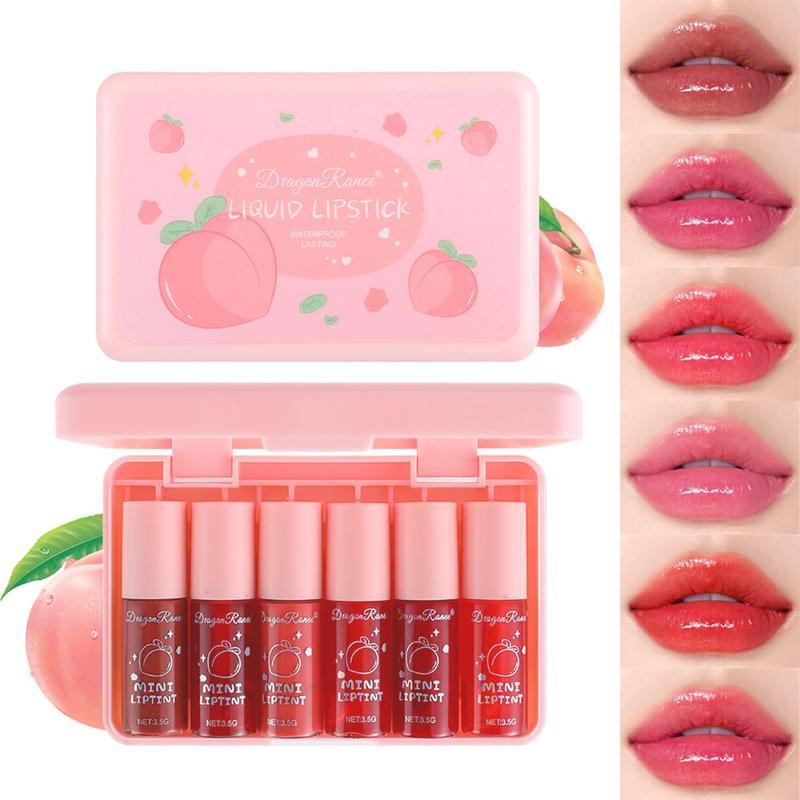 6 Colors Peach Lip Tint Stain Set, Korean Lip Tint Lip Stain Lip Gloss Mini Liquid Lipstick Set, Multi-Use Lip and Cheek Tint, Long Lasting, Waterproof, High Pigment, Vivid Color, Lip Tint Makeup