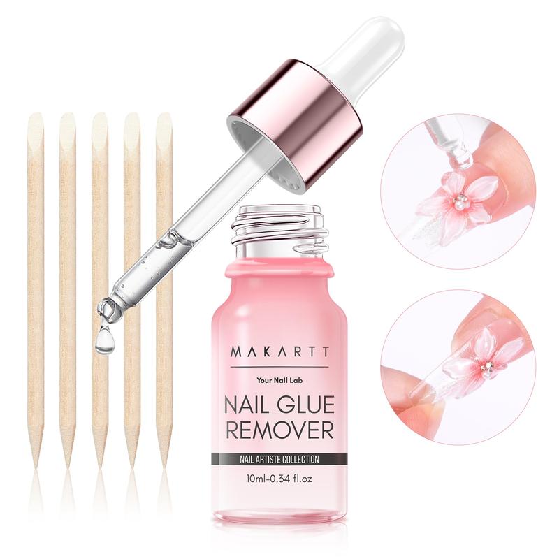 [NON-IRRITANT] Makartt Nail Glue Remover for Press on Nails: Quick Debonder with 5 wooden sticks, Easy with a Dropper,Updated Formula with Vitamin E, Acetone-free, Hema-free, For Fake Nails,Semicure Stickers,10 ml、30ml、50ml Gel Nail Care