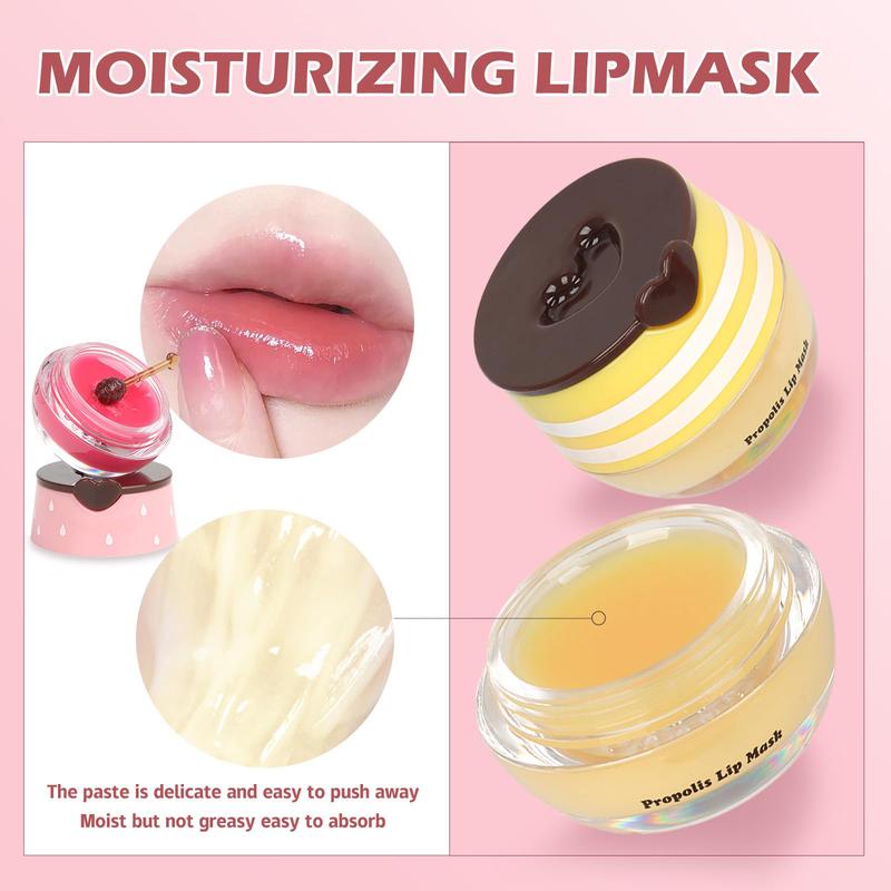 2 Pack Strawberry Lip Sleeping Mask & Bee Propolis Moisturizing Lip Balm - Hydrating & Plumping Lip Treatment with Exfoliating Stick for Soft, Smooth Lips