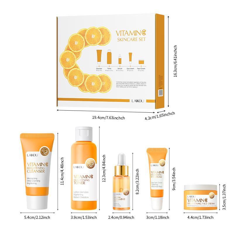 5 in 1 Vitamin C Brightening Skincare Kit, Including 50g Cleanser, 100ml Toner, 17ml Moisturizing Serum, 15g Eye Cream, 25g Essence Cream, Facial Skin Care Kit, Christmas Gift