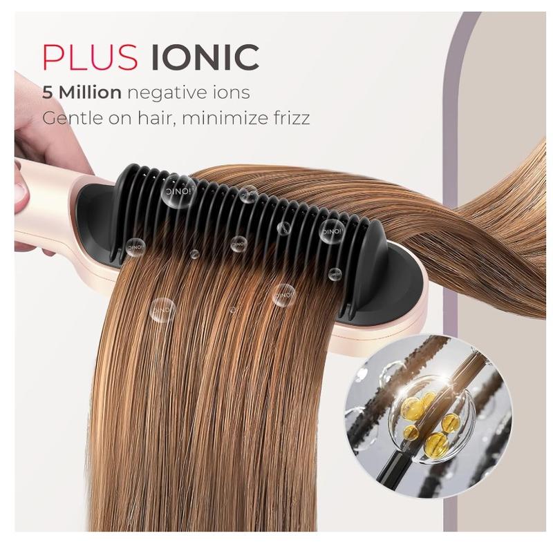 TYMO Ring Plus Ionic Hair Straightener Brush - Straightening Comb with Negative Ions for Women, Titanium Coating, 9 Temp Settings & LED Display, Dual Voltage, Professional Styling Tools, Gold Blush