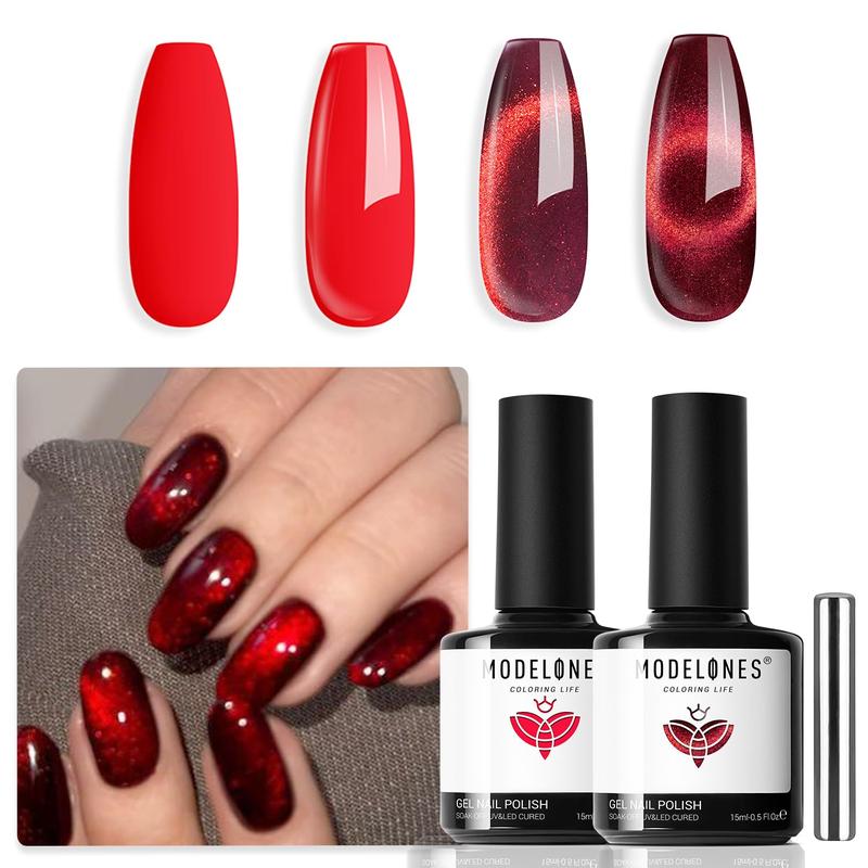 Red Gel Nail Polish Set 2 Colors Red Glitter Cat Eye Gel Polish Fall Winter Colors Shimmer Burgundy Red Gel Polish Soak off LED Nail Art Gel Nail Kit Manicure Salon DIY Nails Gift for Women modelones modelones