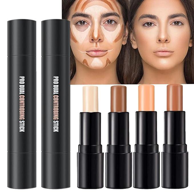 4 Colors Cream Contour Sticks Makeup Kit, Primer Face Highlighter Contouring for Beginners, Highlight and Contour Kit, Cream Concealer Makeup Blur Stick, Primer Face Corrector 1#,3# Bronzer Powder Smooth Cosmetic Silky