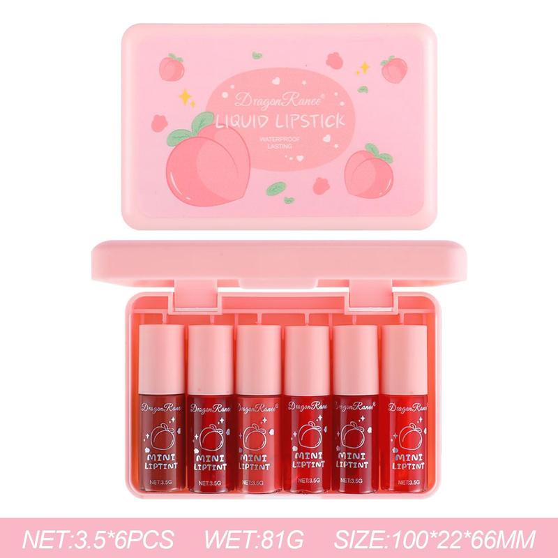 6 Colors Peach Lip Tint Stain Set, Korean Lip Tint Lip Stain Lip Gloss Mini Liquid Lipstick Set, Multi-Use Lip and Cheek Tint, Long Lasting, Waterproof, High Pigment, Vivid Color, Lip Tint Makeup