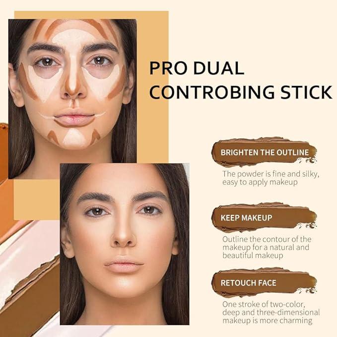 4 Colors Cream Contour Sticks Makeup Kit, Primer Face Highlighter Contouring for Beginners, Highlight and Contour Kit, Cream Concealer Makeup Blur Stick, Primer Face Corrector 1#,3# Bronzer Powder Smooth Cosmetic Silky