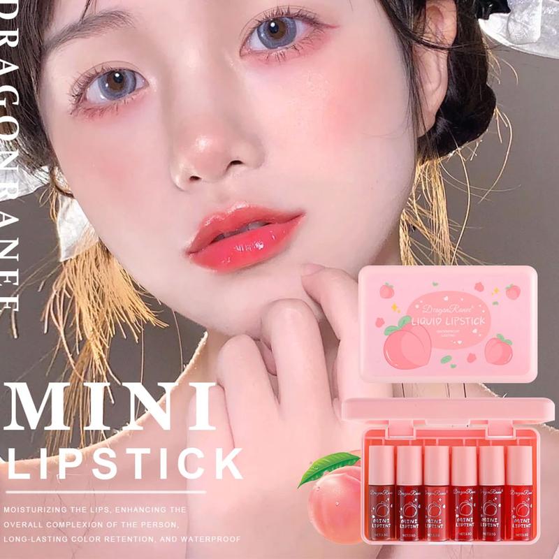 6 Colors Peach Lip Tint Stain Set, Korean Lip Tint Lip Stain Lip Gloss Mini Liquid Lipstick Set, Multi-Use Lip and Cheek Tint, Long Lasting, Waterproof, High Pigment, Vivid Color, Lip Tint Makeup