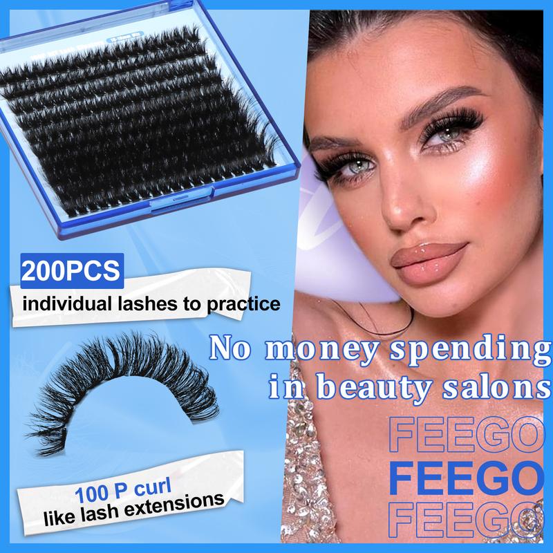 FEEGO Thick Lash Extension Kit 100P 10-18MM Fluffy Lash Clusters 100P Eyelash Extension Kit DIY Lash Extension Kit Glue and tweezers Makeup Cosmetic