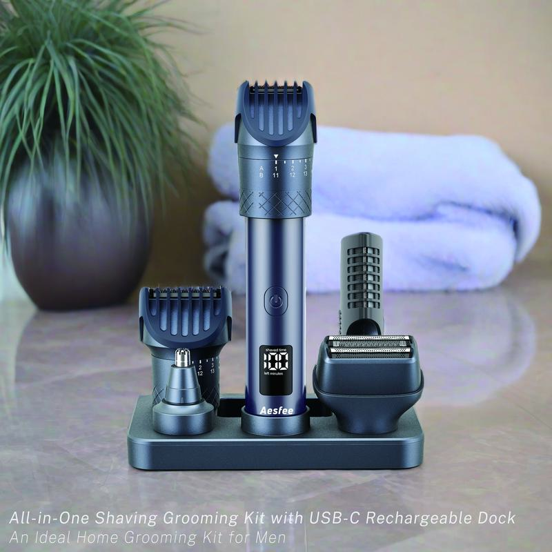 Adjustable Beard Trimmer for Men - 5-in-1 Electric Foil Shavers Hair Clippers Set - Smooth Body Nose Ear Hair Trimmer USB-C Recharge Dock