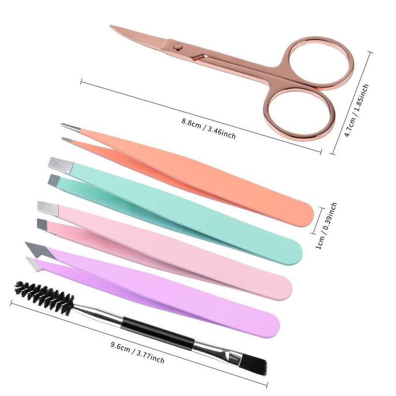 Stainless Steel Eyebrow Tweezers Set with Storage Pouch, 6 Counts set Professional Eyebrow Tweezers Eyebrow Scissors & Brush for Women, Facial Hair Removal Tool for Daily Use