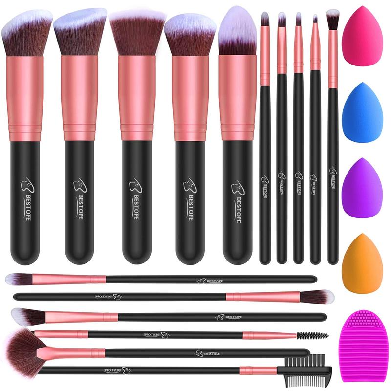 BESTOPE Makeup Brushes 16PCs Makeup Brushes Set with 4PCs Beauty Blender Sponge and 1 Brush Cleaner Premium Synthetic Foundation Brushes Blending Face Powder Eye Shadows Make Up Brushes Tool… Kit Face Brush