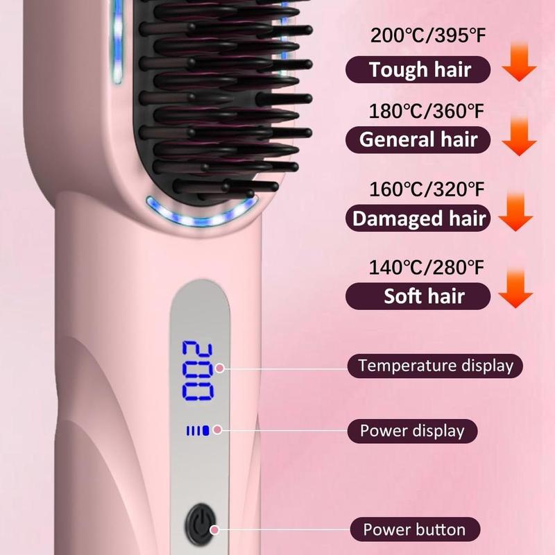 Rechargeable Hair Straightening Brush, 1 Count Wireless Hair Straightener with Adjustable Temperature Setting & Blue Light Sterilization Function