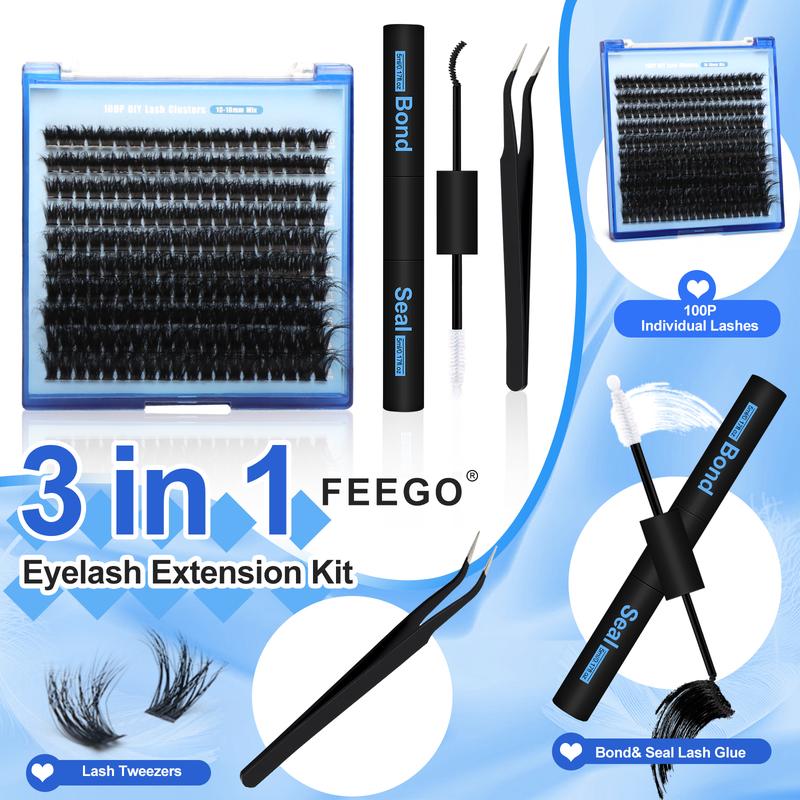 FEEGO Thick Lash Extension Kit 100P 10-18MM Fluffy Lash Clusters 100P Eyelash Extension Kit DIY Lash Extension Kit Glue and tweezers Makeup Cosmetic