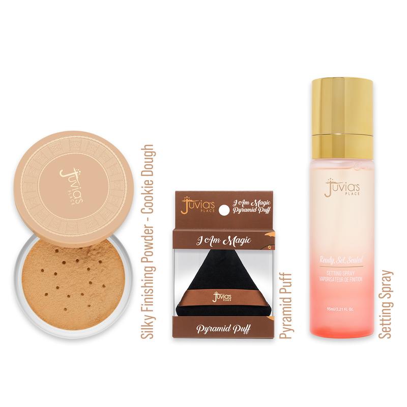 Juvia's Place Silky Finishing Powder Trio Bundle - Talc Free Finishing Powder + Pyramid Puff Large + Ready Set Sealed Setting Spray - Cruelty Fee, Paraben Free, Vegan, Weightless, Silky Smooth, Long Lasting, Airbrushed, Shine Control, Poreless, Blur, Bake