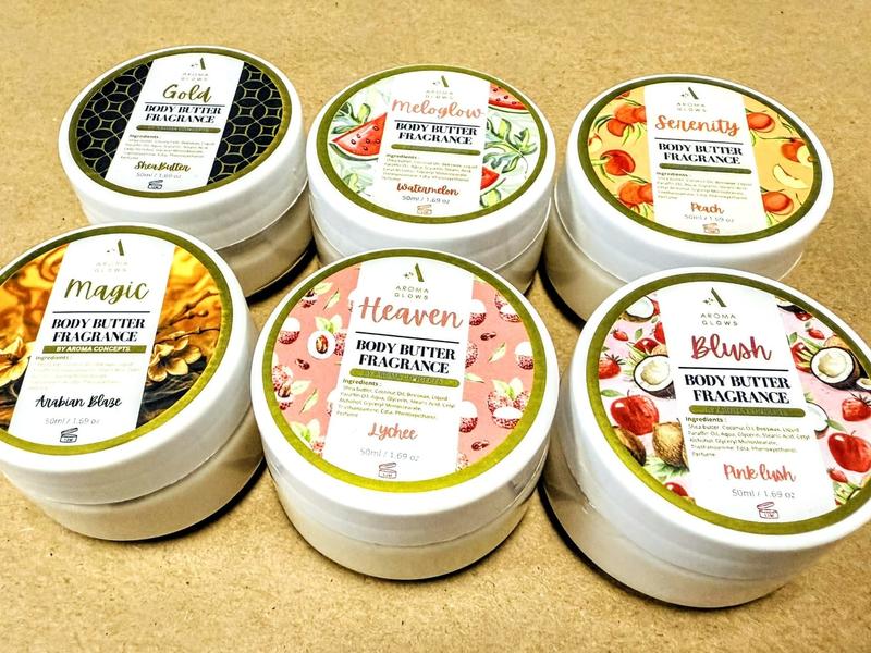 AROMA GLOWS Body Butter Signature Set Fragrance Set of SIX 50ml 1.7 oz Fragrance Cream by Aroma Concepts Shea Butter Infused AROMA GLOWS Scented