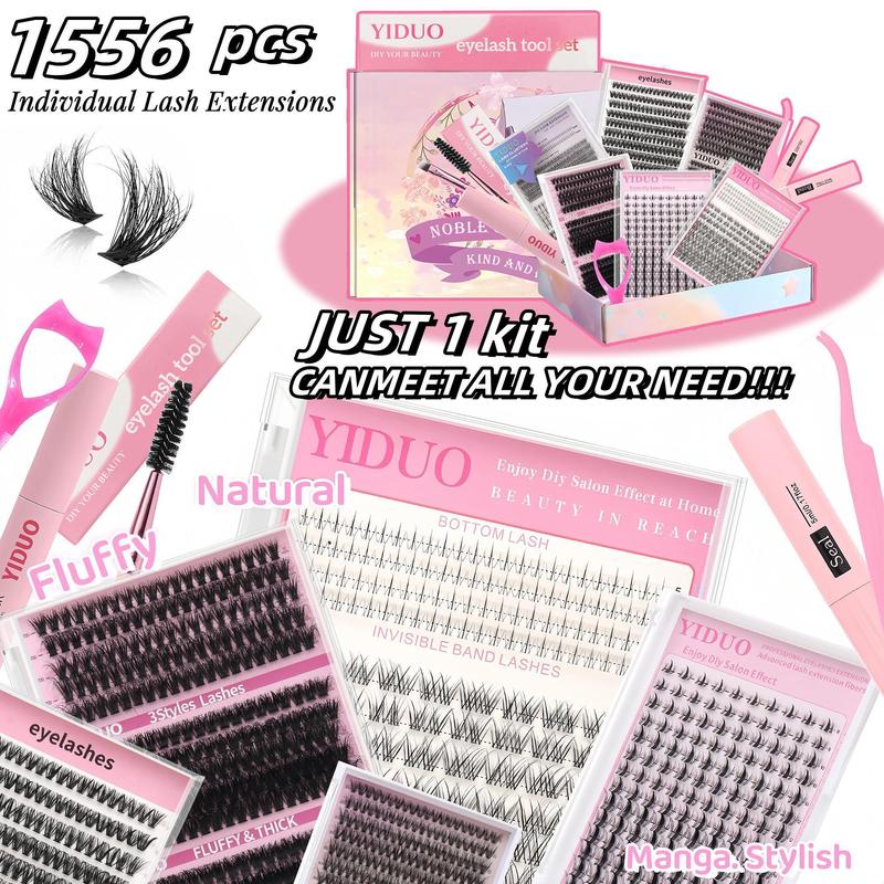 Individual False Eyelashes with Eyelash Glue & Lash Remover & Tweezers & Brush, 1 Set Natural Look Eyelash Extensions, Self Grafting Eyelash Clusters