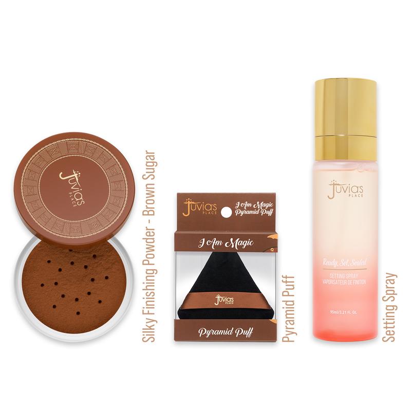 Juvia's Place Silky Finishing Powder Trio Bundle - Talc Free Finishing Powder + Pyramid Puff Large + Ready Set Sealed Setting Spray - Cruelty Fee, Paraben Free, Vegan, Weightless, Silky Smooth, Long Lasting, Airbrushed, Shine Control, Poreless, Blur, Bake