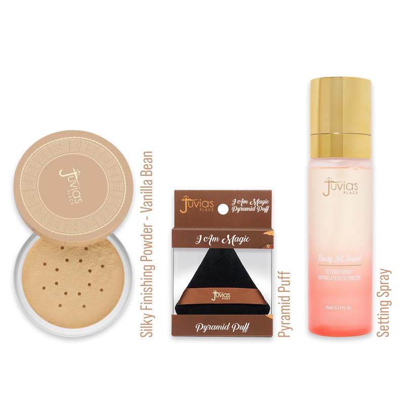 Juvia's Place Silky Finishing Powder Trio Bundle - Talc Free Finishing Powder + Pyramid Puff Large + Ready Set Sealed Setting Spray - Cruelty Fee, Paraben Free, Vegan, Weightless, Silky Smooth, Long Lasting, Airbrushed, Shine Control, Poreless, Blur, Bake