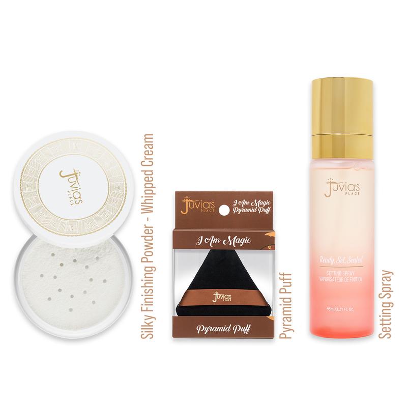 Juvia's Place Silky Finishing Powder Trio Bundle - Talc Free Finishing Powder + Pyramid Puff Large + Ready Set Sealed Setting Spray - Cruelty Fee, Paraben Free, Vegan, Weightless, Silky Smooth, Long Lasting, Airbrushed, Shine Control, Poreless, Blur, Bake