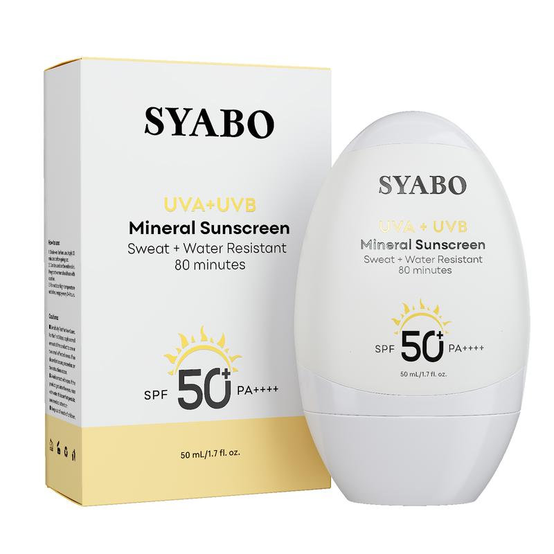 SYABO Mineral Sunscreen, SPF 50+ Sensitive Mineral Sunscreen with Titanium Dioxide, Water Resistant Sun Cream, Broad Spectrum UVA UVB Sun Protection, 1.7 FL OZ Moisturizing Facial