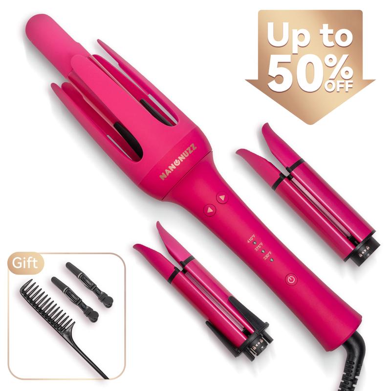 NanoNuzz 3 in 1 Automatic Hair Curling with Three Interchangeable Barrels, Back to School Safety Hair Tool, Anti-Tangle & Anti-Scald Technology, Quick Styling for All Hair Types Comfort