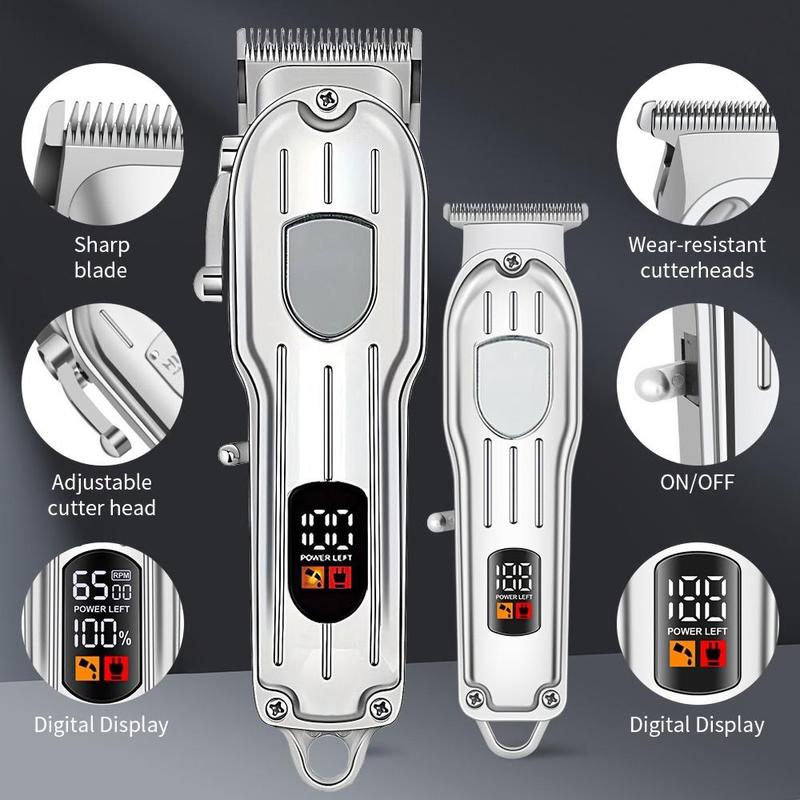 Professional Barber Clippers for Men, 1 Set Cordless Hair Trimmer Kit, LCD Display Hair Cutting Set, Rechargeable Haircut Machine for Family, Split End Trimmer