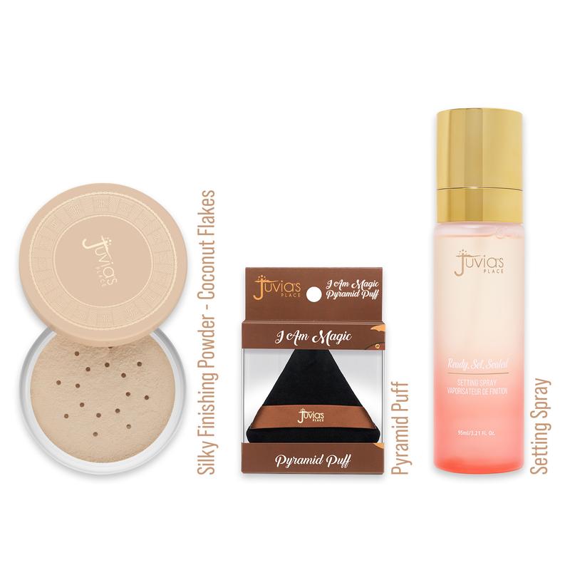 Juvia's Place Silky Finishing Powder Trio Bundle - Talc Free Finishing Powder + Pyramid Puff Large + Ready Set Sealed Setting Spray - Cruelty Fee, Paraben Free, Vegan, Weightless, Silky Smooth, Long Lasting, Airbrushed, Shine Control, Poreless, Blur, Bake