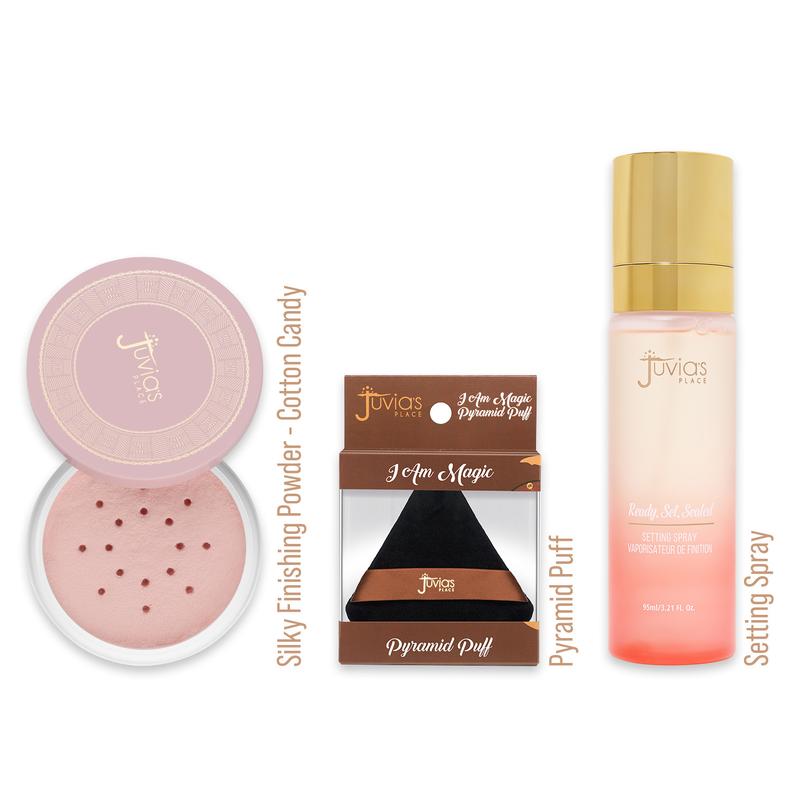 Juvia's Place Silky Finishing Powder Trio Bundle - Talc Free Finishing Powder + Pyramid Puff Large + Ready Set Sealed Setting Spray - Cruelty Fee, Paraben Free, Vegan, Weightless, Silky Smooth, Long Lasting, Airbrushed, Shine Control, Poreless, Blur, Bake