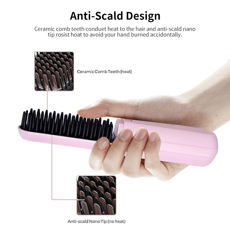 YMUB Mini Hair Straightening Brush, Portable Hair Straightener Brush Cordless for travel new  hair tool pink  straightener