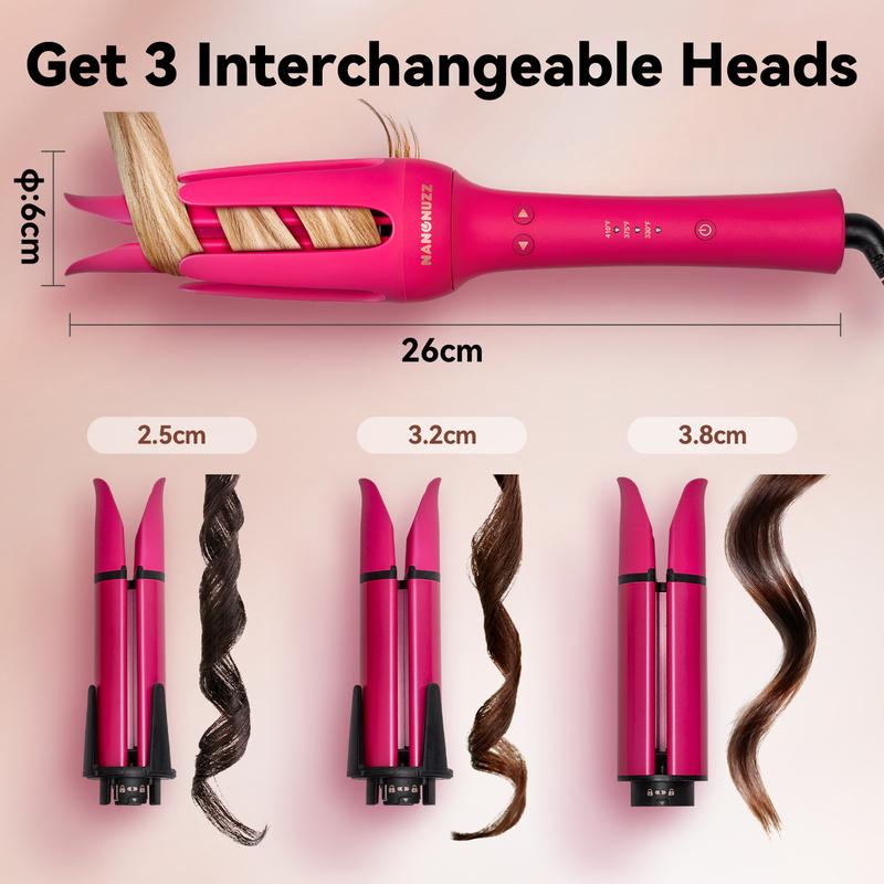 NanoNuzz 3 in 1 Automatic Hair Curling with Three Interchangeable Barrels, Back to School Safety Hair Tool, Anti-Tangle & Anti-Scald Technology, Quick Styling for All Hair Types Comfort