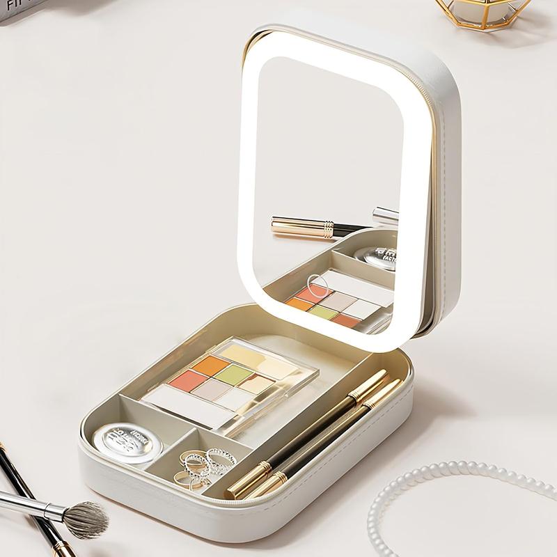 Travel Makeup Mirror with Light, Compact Makeup Bag with LED Mirror, Portable Lighted Beauty Mirror, 3-Color Lighting Makeup Case, 1200mAh Rechargeable Tabletop Cosmetic Mirror