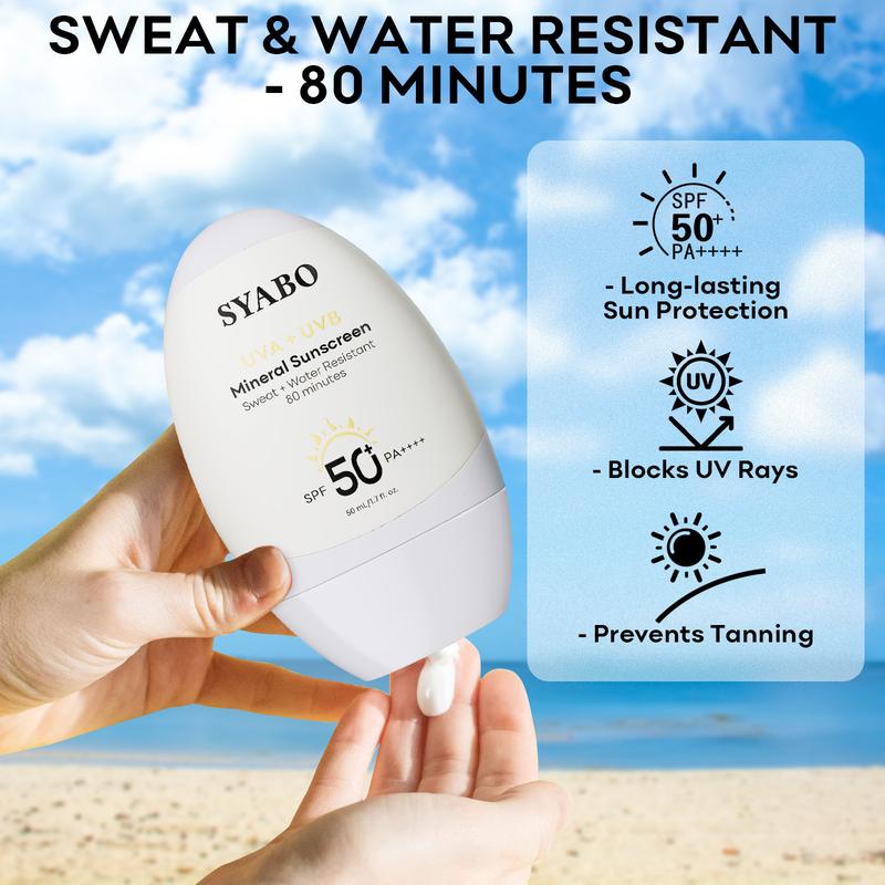 SYABO Mineral Sunscreen, SPF 50+ Sensitive Mineral Sunscreen with Titanium Dioxide, Water Resistant Sun Cream, Broad Spectrum UVA UVB Sun Protection, 1.7 FL OZ Moisturizing Facial