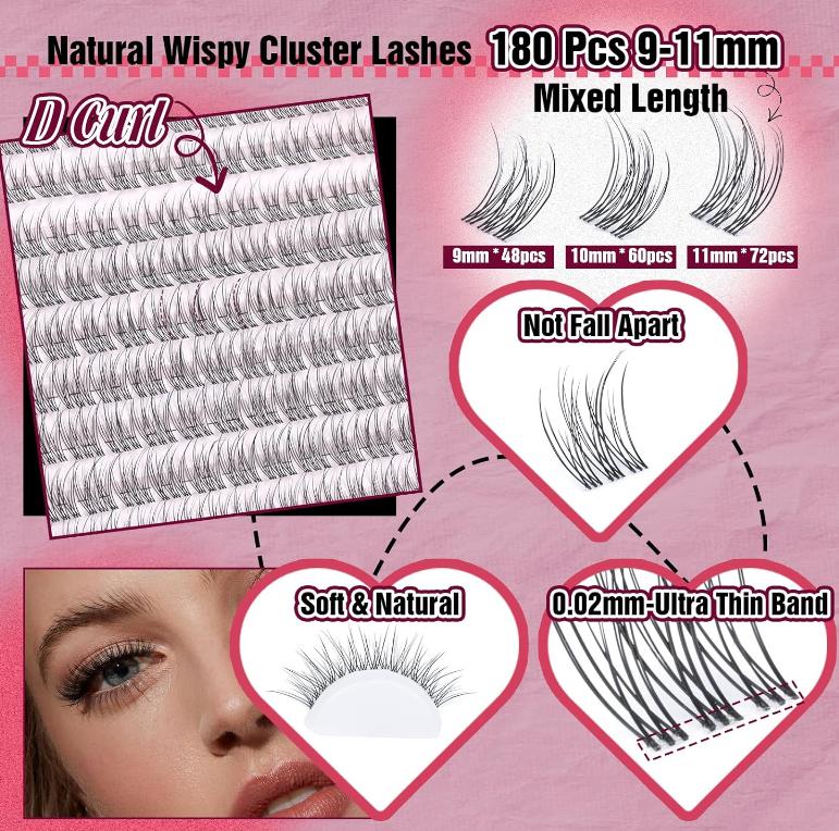 Natural Lash Extension Kit Wispy Eyelash Clusters 9-11mm Lash Cluster Kit with Lash Bond and Seal and Lash Applicator 180pcs Cluster Eyelash Extensions Kit for Beginners DIY at Home by Yawamcia