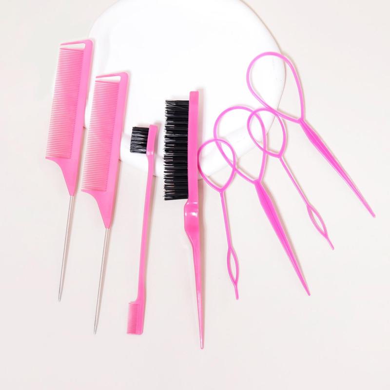 Hair Comb and Hair Braiding Set, Including 4 Weaving Tool Rings, 2 Mouse Tail Combs, 1 Double-end Comb, 1 Edge Control Brush, Heatless Styling Tools for Women, Hair Brush, Christmas Gift