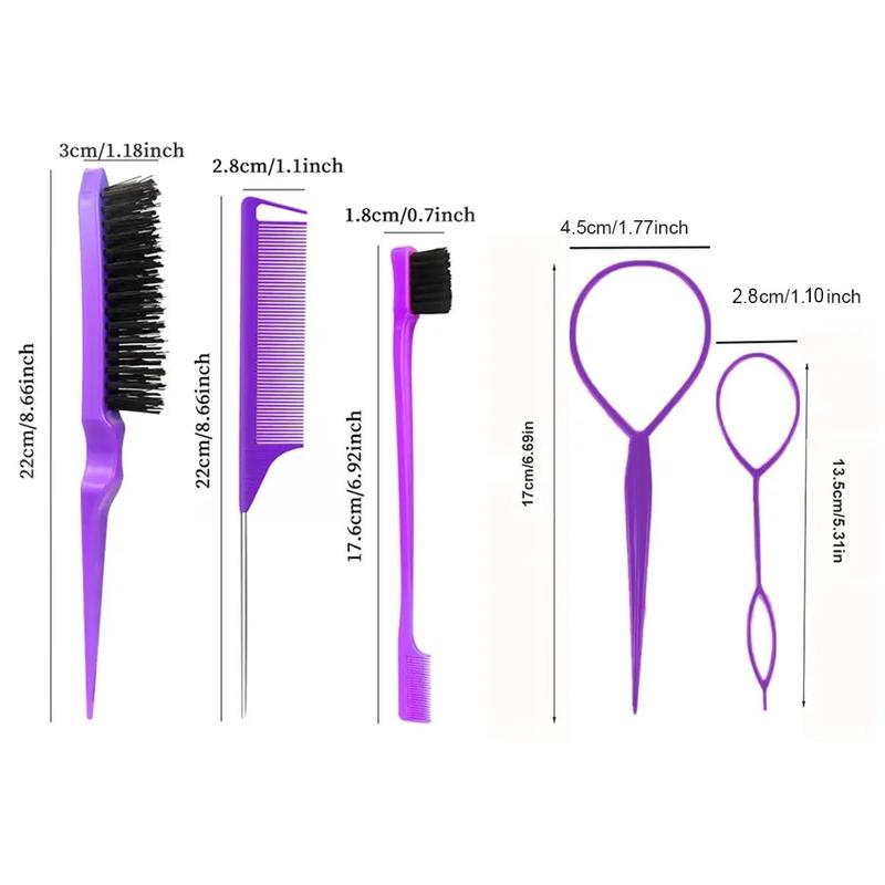 Hair Comb and Hair Braiding Set, Including 4 Weaving Tool Rings, 2 Mouse Tail Combs, 1 Double-end Comb, 1 Edge Control Brush, Heatless Styling Tools for Women, Hair Brush, Christmas Gift