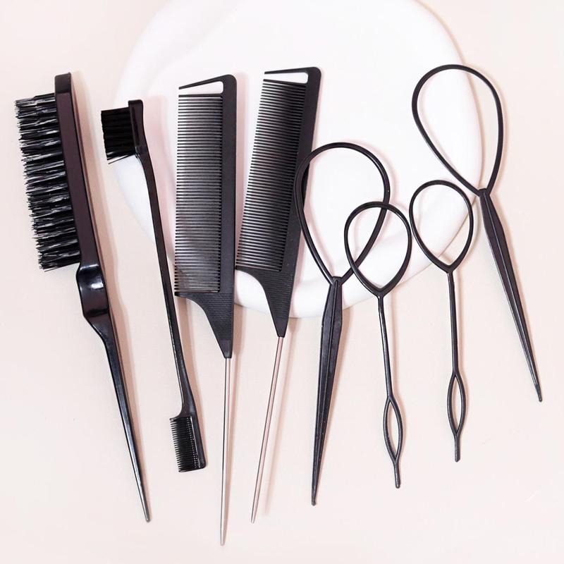 Hair Comb and Hair Braiding Set, Including 4 Weaving Tool Rings, 2 Mouse Tail Combs, 1 Double-end Comb, 1 Edge Control Brush, Heatless Styling Tools for Women, Hair Brush, Christmas Gift