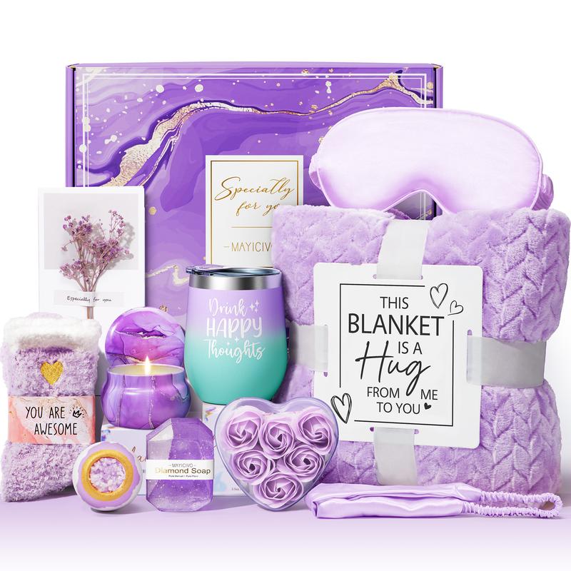 Mayicivo Self Care Lavender Spa Gift Basket for Women - Birthday, Get Well, and Mother’s Day Gifts w  Flannel Blanket for Mom, Friends, Sister