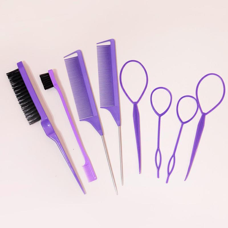 Hair Comb and Hair Braiding Set, Including 4 Weaving Tool Rings, 2 Mouse Tail Combs, 1 Double-end Comb, 1 Edge Control Brush, Heatless Styling Tools for Women, Hair Brush, Christmas Gift