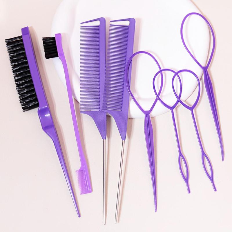 Hair Comb and Hair Braiding Set, Including 4 Weaving Tool Rings, 2 Mouse Tail Combs, 1 Double-end Comb, 1 Edge Control Brush, Heatless Styling Tools for Women, Hair Brush, Christmas Gift