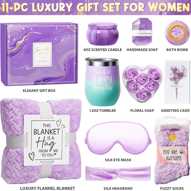 Mayicivo Self Care Lavender Spa Gift Basket for Women - Birthday, Get Well, and Mother’s Day Gifts w  Flannel Blanket for Mom, Friends, Sister