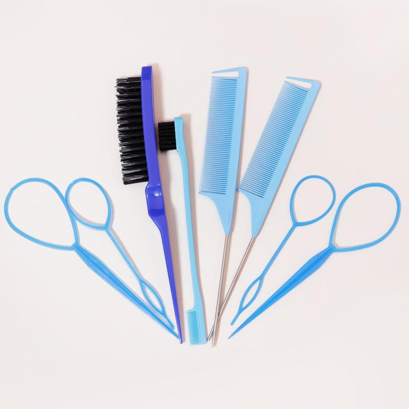 Hair Comb and Hair Braiding Set, Including 4 Weaving Tool Rings, 2 Mouse Tail Combs, 1 Double-end Comb, 1 Edge Control Brush, Heatless Styling Tools for Women, Hair Brush, Christmas Gift