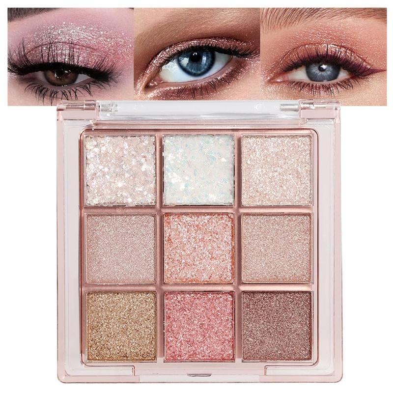 9Colors  Eyeshadow Palette,Pink White Gold  Shimmer Sparkly Eye Shadow Palette ,Warm Pastel Eyeshadows Palette Long Lasting Waterproof Naturing-Looking Women Girls Eye Shadow