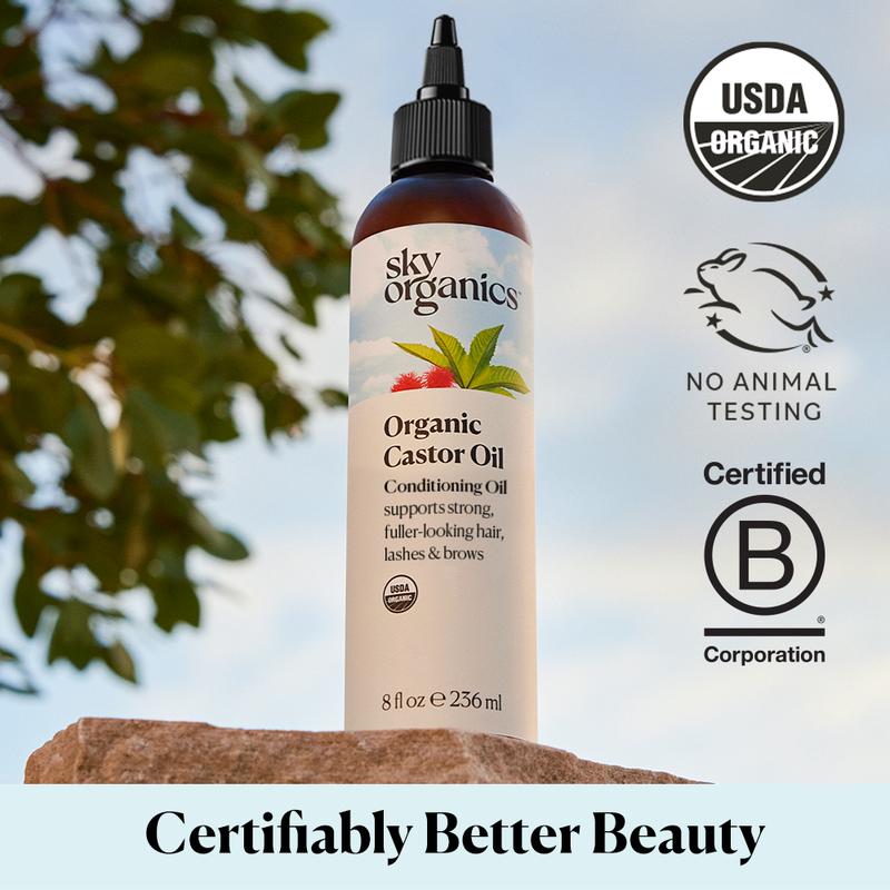 Sky Organics Castor Oil 8oz, Pure Cold-Pressed, Nourishing and Volumizing for Hair, Skin, Eyelashes & Eyebrows, Daily Haircare or Castor Packs