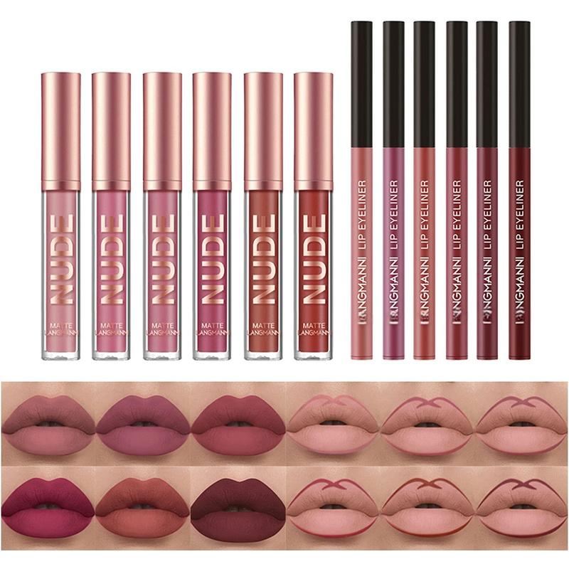 12Pcs Matte Liquid Lipstick + Lip Liner Pens Set, One Step Lips Makeup Kits Pigment Velvety Nude Lip Stain Waterproof Long Wear Lip Gloss Make up Gift Set (Set A)