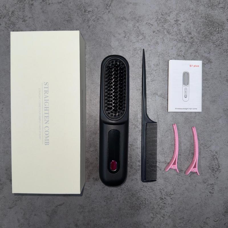 Wireless USB Rechargeable Ceramic Heated Curling Hair Brush, Portable Negative Ions LCD Display Hair Straightener, Straightener Brush for Home School Traveling, Winter & New Year Gift