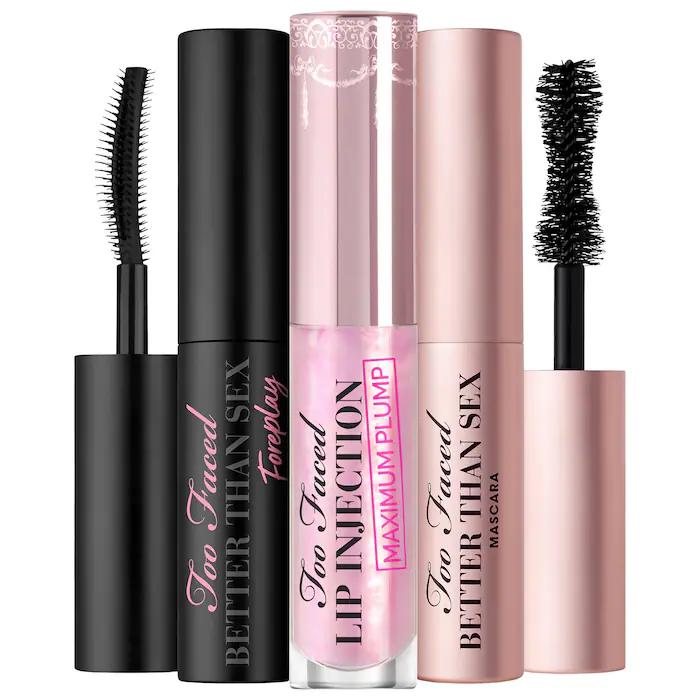 A compact travel-size kit featuring a lash primer, mascara, and lip plumper.